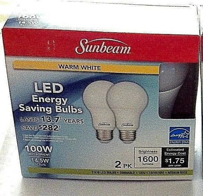Sunbeam 100W Led Dimmable Light 2 Pack, Energy Star, 1600 Lumens, - Image 2 of 3