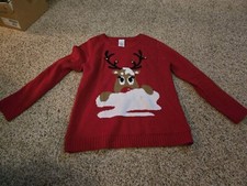 CHRISTMAS red knit SWEATER REINDEER RUDOLPH size 12/14 large top GLISTENS CUTE 