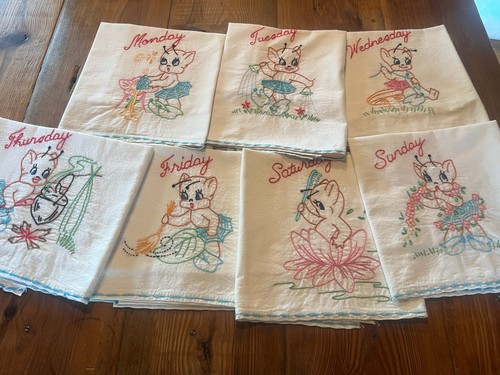 Vintage embroidered 7 days of week T towels anthropomorphic pixie elf LG 30 X 22