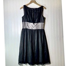 Maggy London 10 Black 100% Silk Cocktail Dress Silver Sash Pleated Holiday Event