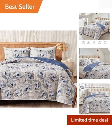Luxury Reversible 3-Piece Microfiber Quilt Set - Botanical Blue Leaves King Size