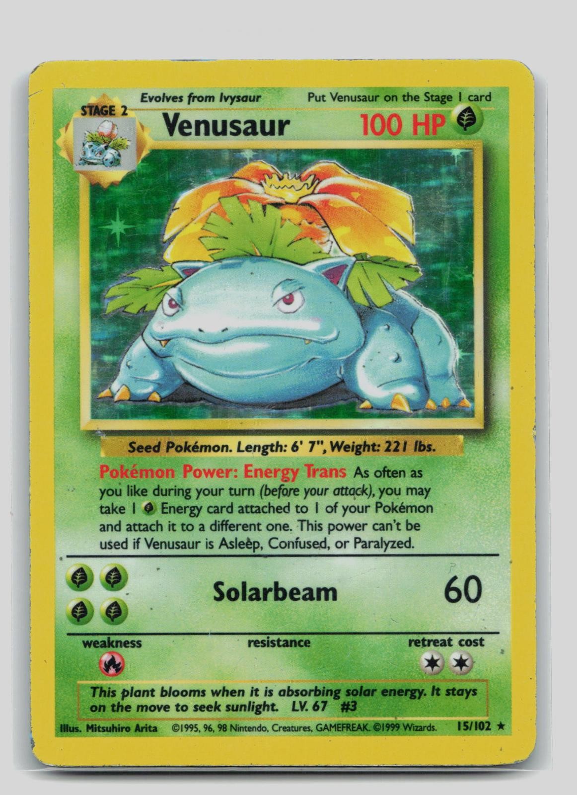 Venusaur 15/102 Holo Rare Base Set Unlimited Pokemon Heavily Played