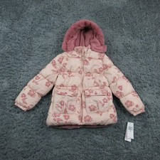 Kensie Girl Puffer Jacket Girls S Pink Floral Quilted Hooded Fur Trim NWT