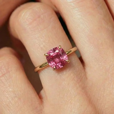 3.00 Ct Cushion Cut Natural pink Sapphire & Diamond Ring 14K Yellow Gold 6 7 8