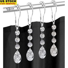 Stainless Steel Shower Curtain Hooks W/ Glass Pendants 12 Pack Durable Design US