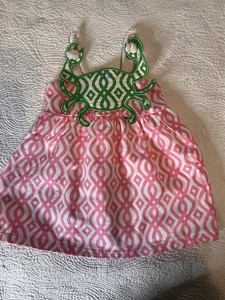 Mud Pie Infant Girl Pink White Dress Green Crab Rope Straps Size 12 To 18 Months
