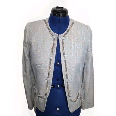 New NWT Alberto Makali Tweed Blazer Silver Chain Ribbon Details Tan Jacket 10