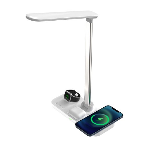 Lampe de bureau chargeur induction triple pour smartphone écouteurs et montre