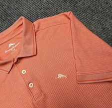 Tommy Bahama Polo Shirt Mens Large Orange Stripe Short Sleeve Marlin Logo Knit