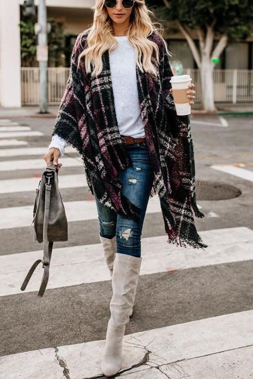 Women's Boho Open Front Poncho Knitted Plaid Shawl Wrap One Size #01 Wine Red image 4