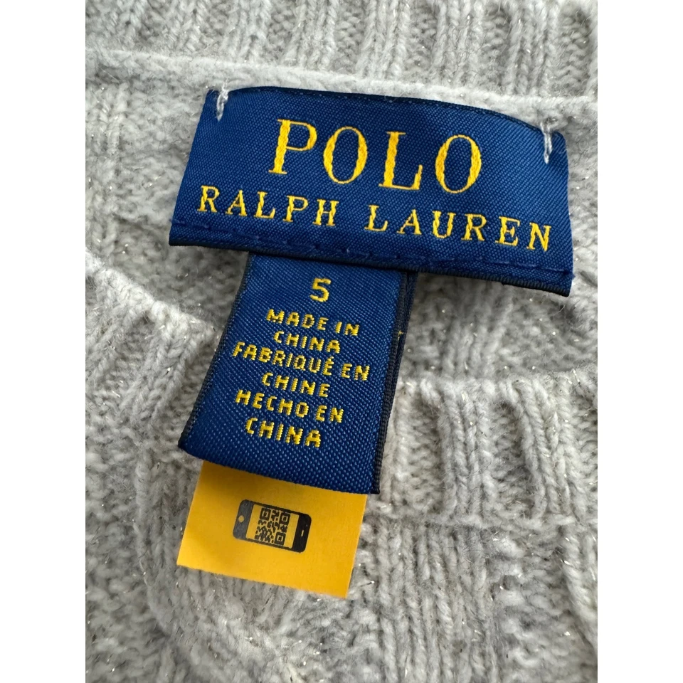 Polo Ralph Lauren Girls Cable Knit Sweater Gray Gold Accent Pony Logo Size 5 - Image 4 of 4
