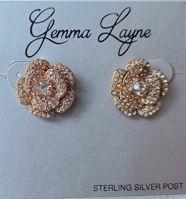 Vintage Gemma Layne Crystal Rose Flower Goldtone Post Earrings Sterling...