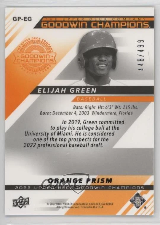 2022 Goodwin Champions Platinum High Series Orange Prism /499 Elijah Green - Image 2 of 2