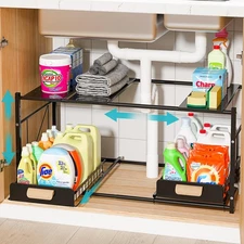 Extendable Under Sink Organizer, 2 Tier Expandable Under Cabinet Organizer Sh...