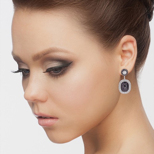 Pendientes colgantes de diamantes blancos y negros naturales de oro blanco de... - Imagen 2 de 6