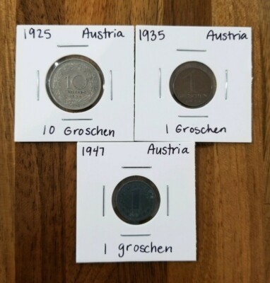 Austria 1925-1947 Coins- 1925 10 Groschen, 1935 1 Groschen & 1947 1 Groschen