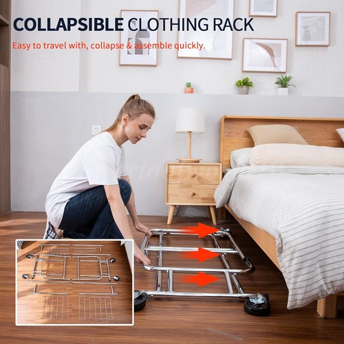 Clothes Rack Heavy Duty Clothing Garment Rack w/ Wheel Double Rod Closet Shelves - Picture 13 of 15