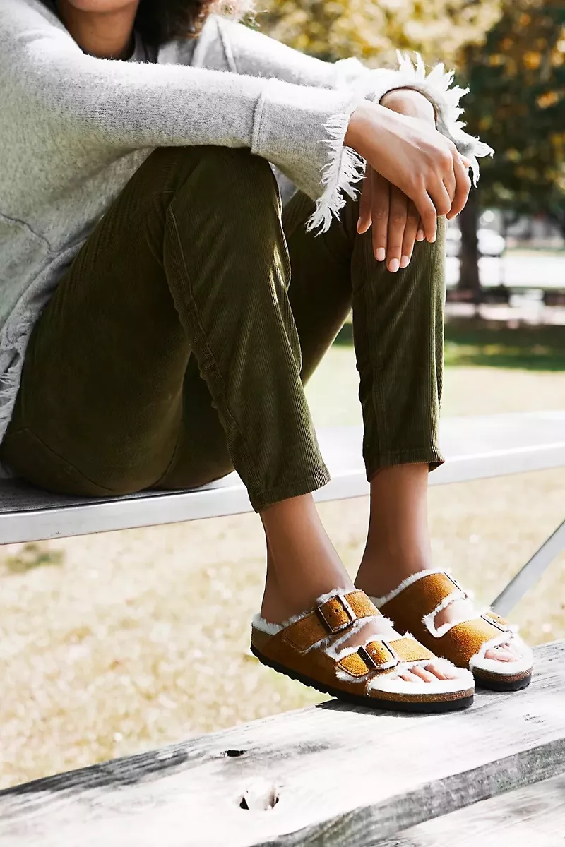 Arizona Big Buckle Shearling Birkenstock Sandals at Free People in Brown, Size: EU 39