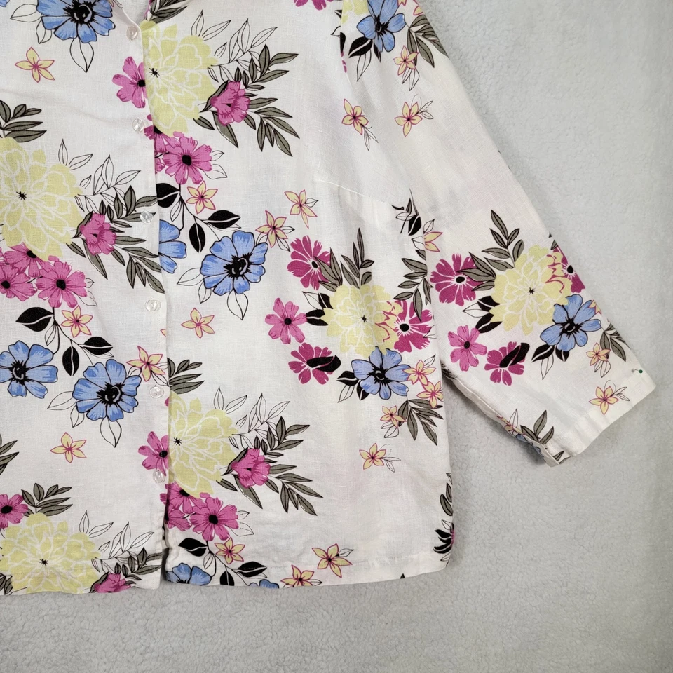 Jennifer Moore Women Top Plus Size 18W White Floral Linen Collared Button Blouse - Image 4 of 4