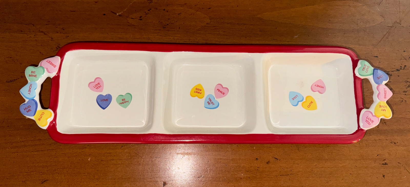 Valentine Conversation Candy Heart Ceramic Divided Section Candy Snack Tray Dish
