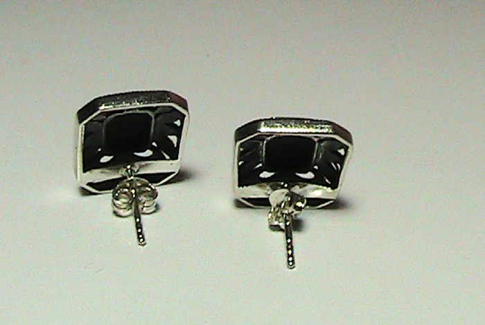 Vintage Silver 925 Earrings Rectangular Black Ony… - image 7