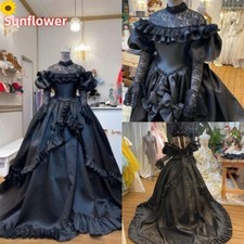 Vintage Gothic Black Prom Dress Long Sleeve Lace Ruffles Victorian Evening Gowns