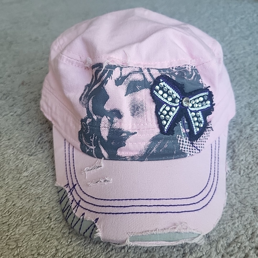 Leader Cadet Hat Cap Women Pink Embroidery Rhinestones Distressed Elastic Lined