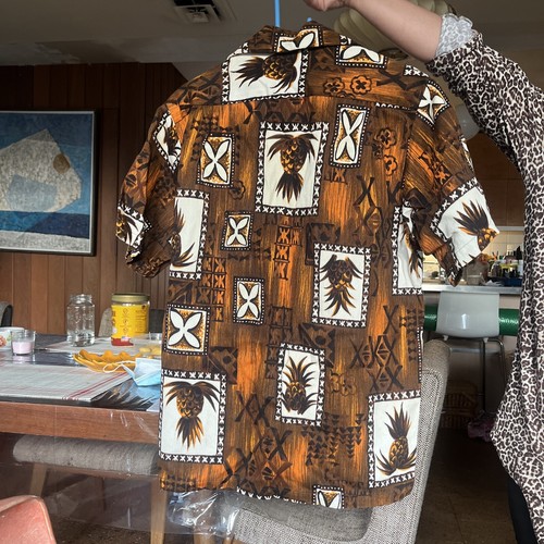 Vtg 50's Hukilau Fashion Men PINEAPPLE TIKI Hawaiian Aloha BROWN BARKCLOTH Shirt - Picture 2 of 9