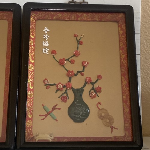 2 scatole ombre vintage arte da parete asiatica imitazione giada intagliata e pietra floreale 10”x8” - Foto 3 di 21