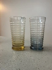 VTG 16oz Libby Ribbed MCM Iridescent 1 Blue & 1 Marigold Glasses