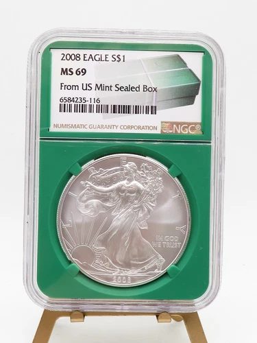 2008 $1 AMERICAN SILVER EAGLE NGC MS69 FROM US MINT SEALED BOX LABEL GREEN CORE