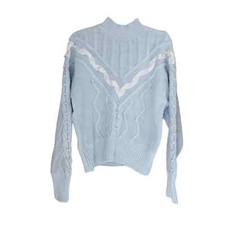 Vintage Rebecca Stone Blue Pearl Beaded Ribbon Cable Knit Sweater Large Chunky