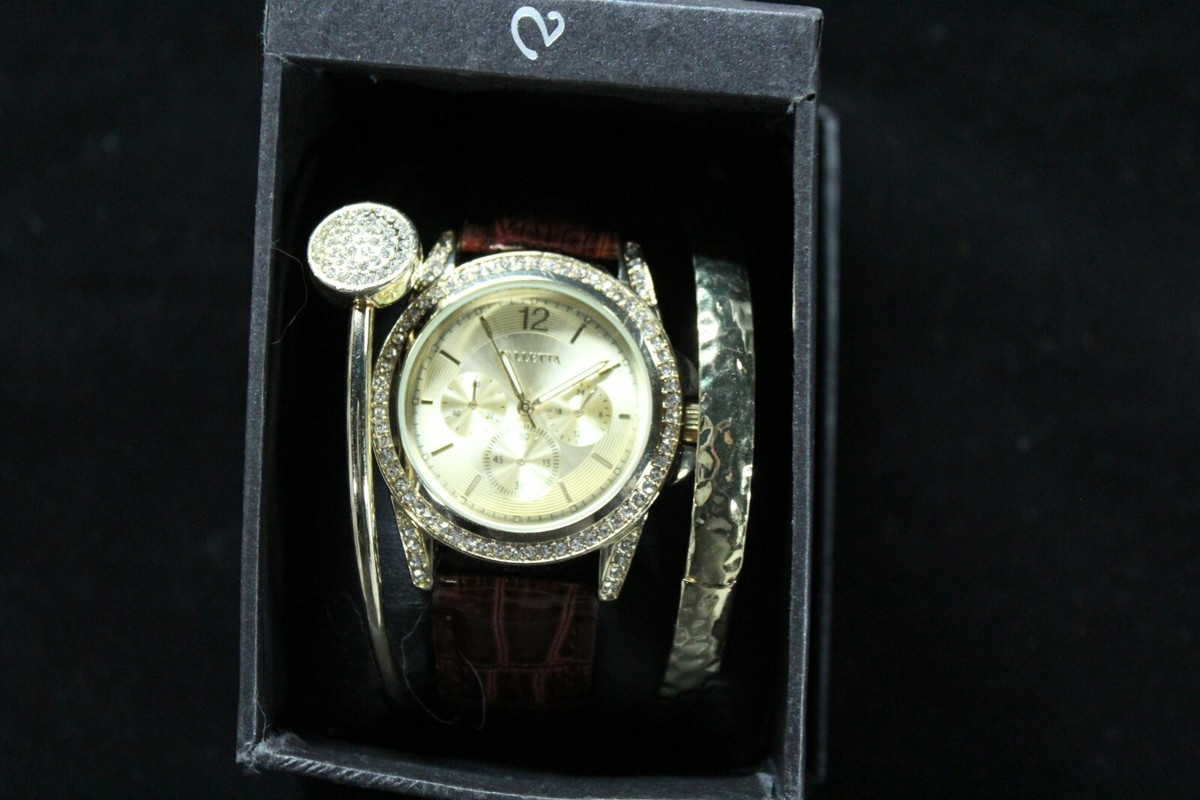 Valletta Gold Tone Ladies 38mm Watch With 2 Bracelets Brown
