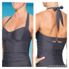 Athleta 34D/DD Sara Halter Tankini Top Black Underwire Ruched Womens NWT B33-08