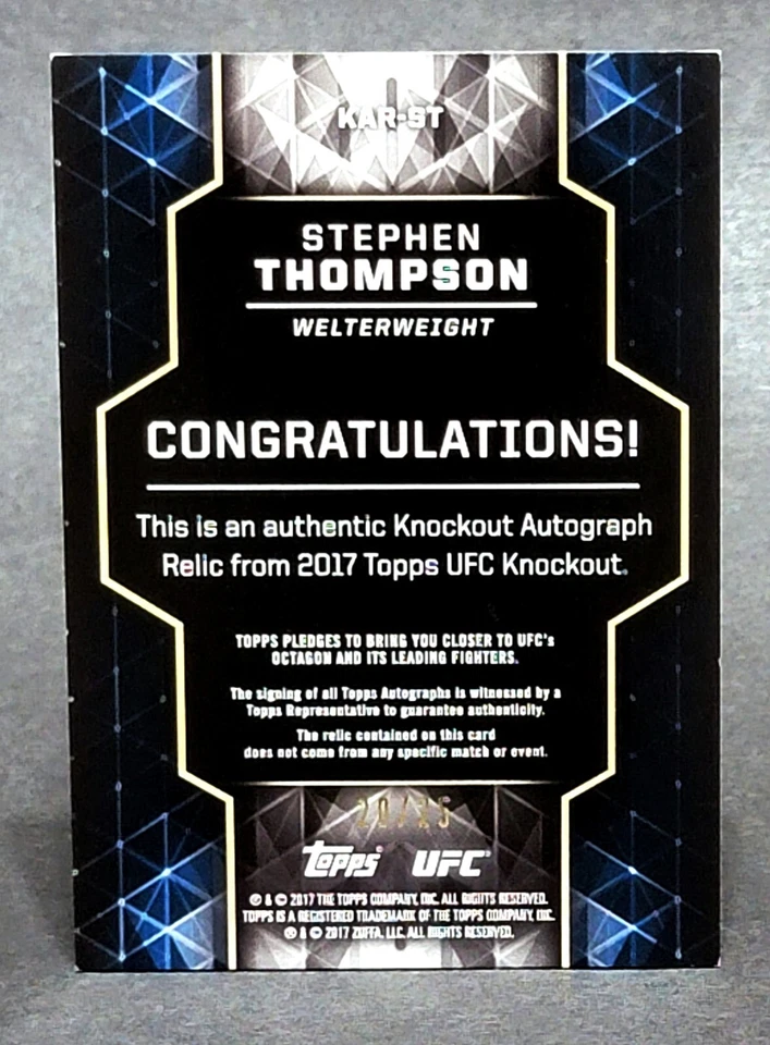 2017 Topps UFC Knockout Autographed Relics Blue #KAR-ST Stephen Thompson 20/25 - Image 2 of 2
