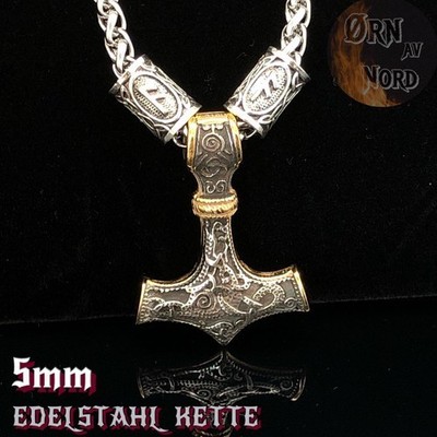 MJÖLNIR THOR THORS HAMMER EDELSTAHL KETTE HALSKETTE RUNEN ANHÄNGER WIKINGER GOLD