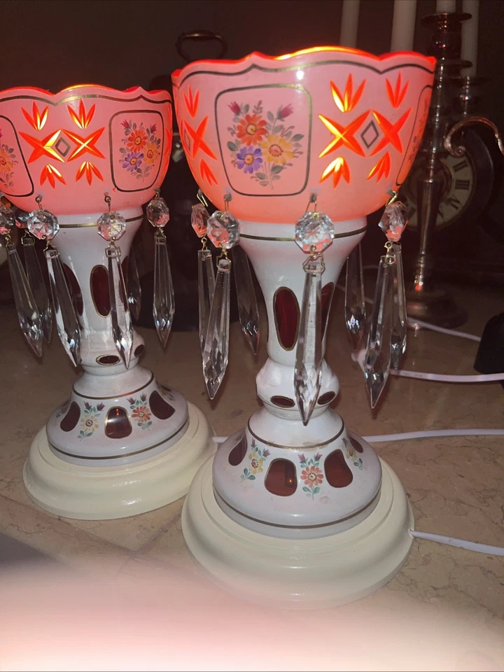 Victorian Era Pair of Czech/ Crystal, Bohemian Mantle Luster Lamps White & Red - Image 3 of 4