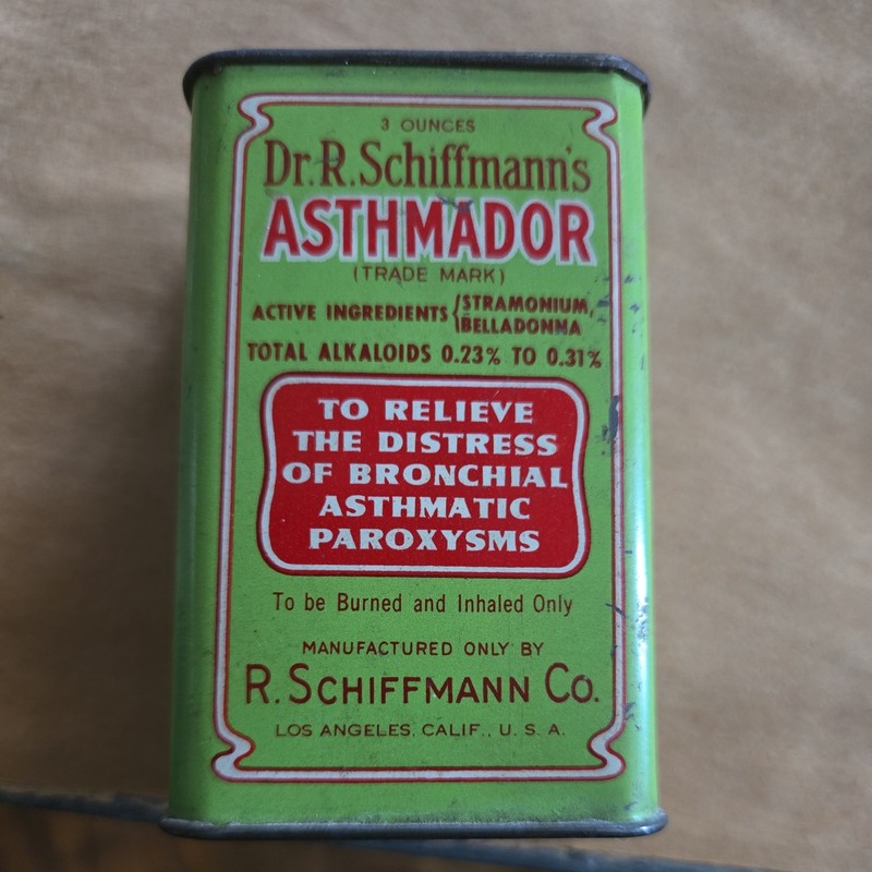 antique quack medicine Dr R. Schiffmann's Asthmador asthma relief burn &  inhale