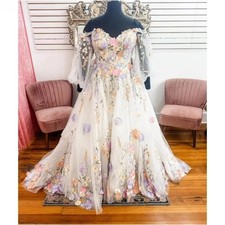 Elegant Wedding Dresses 3D Flower Print Off Shoulder Ball Bridal Gowns Train