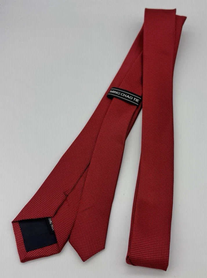 Ming Chao Tie 100% Silk Men's Skinny Classic Small Check Red Hand Made - Image 2 of 3