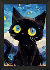 Black Cat with Big Eyes Framed Wall Art Poster Canvas Print Picture