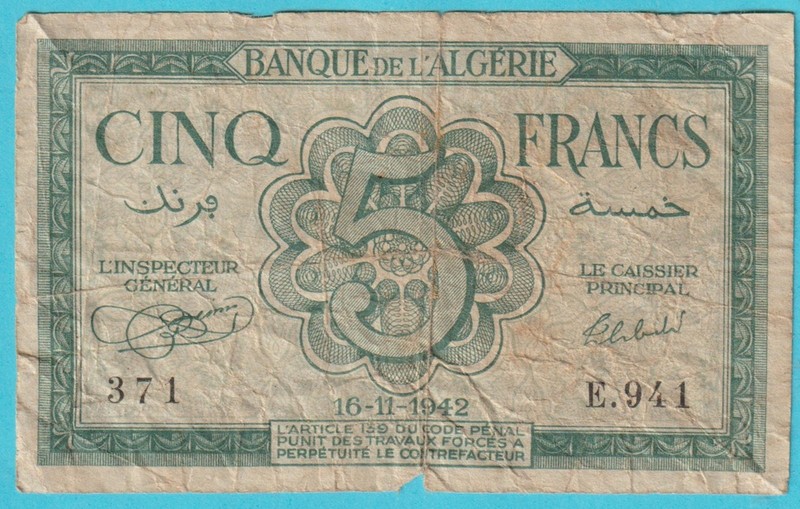 WW2 Cinq 5 Francs Banque de L Algerie FREE SHIPPING ! Note  (1942) P#91