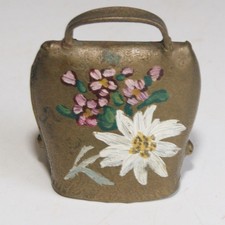 Vintage Hand Painted Miniature Brass Swiss Cowbell Souvenir