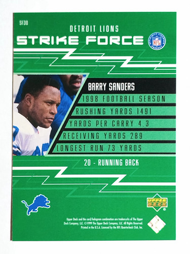 1999 Upper Deck Strike Force #SF30 Barry Sanders - Picture 2 of 2