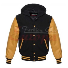 Black Wool Varsity Lettermen Jacket Hoodie With Real Gold Leather Sleeves