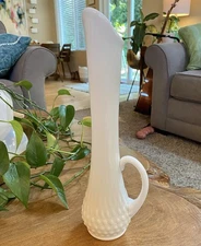 Fenton Hobnail White Milk Glass Swung Glass Pitcher Vase 13” Tall Vintage