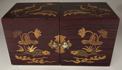 Korean Traditional Wood Inlay Twin Cube Jewelry Box W/ Cranes & Lotus Flowers