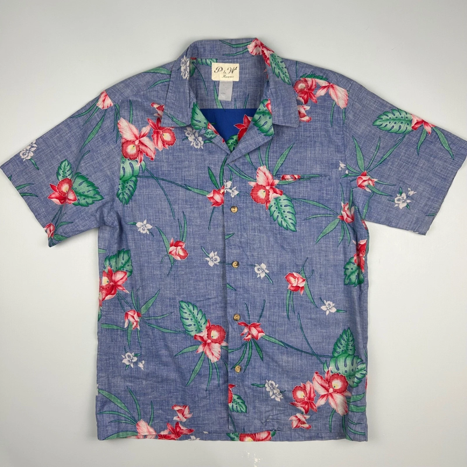 P&W Hawaii Mens Blue Tropical Floral Orchid Print Short Sleeve Button Up Shirt