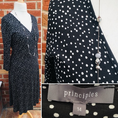 PRINCIPLES Kleid Größe 14 schwarz weiß gepunktet Abend dehnbar TOP