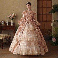 Square Neck Champagne Rococo Ball Gown Ruffled Long Sleeve Victorian Dress